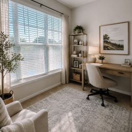 a spacious room with a desk and a window